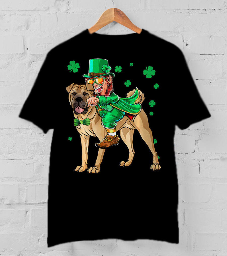 Leprechaun Riding Chinese Shar Pei With Shamrock Bowtie And Hat T-Shirt