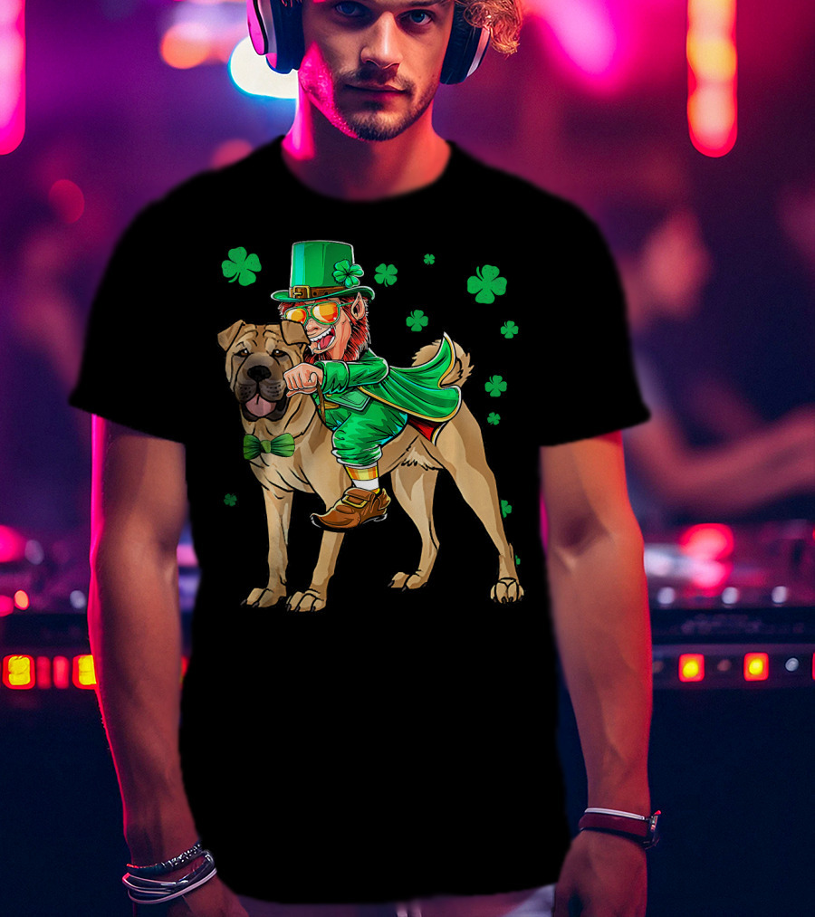 Leprechaun Riding Chinese Shar Pei With Shamrock Bowtie And Hat T-Shirt