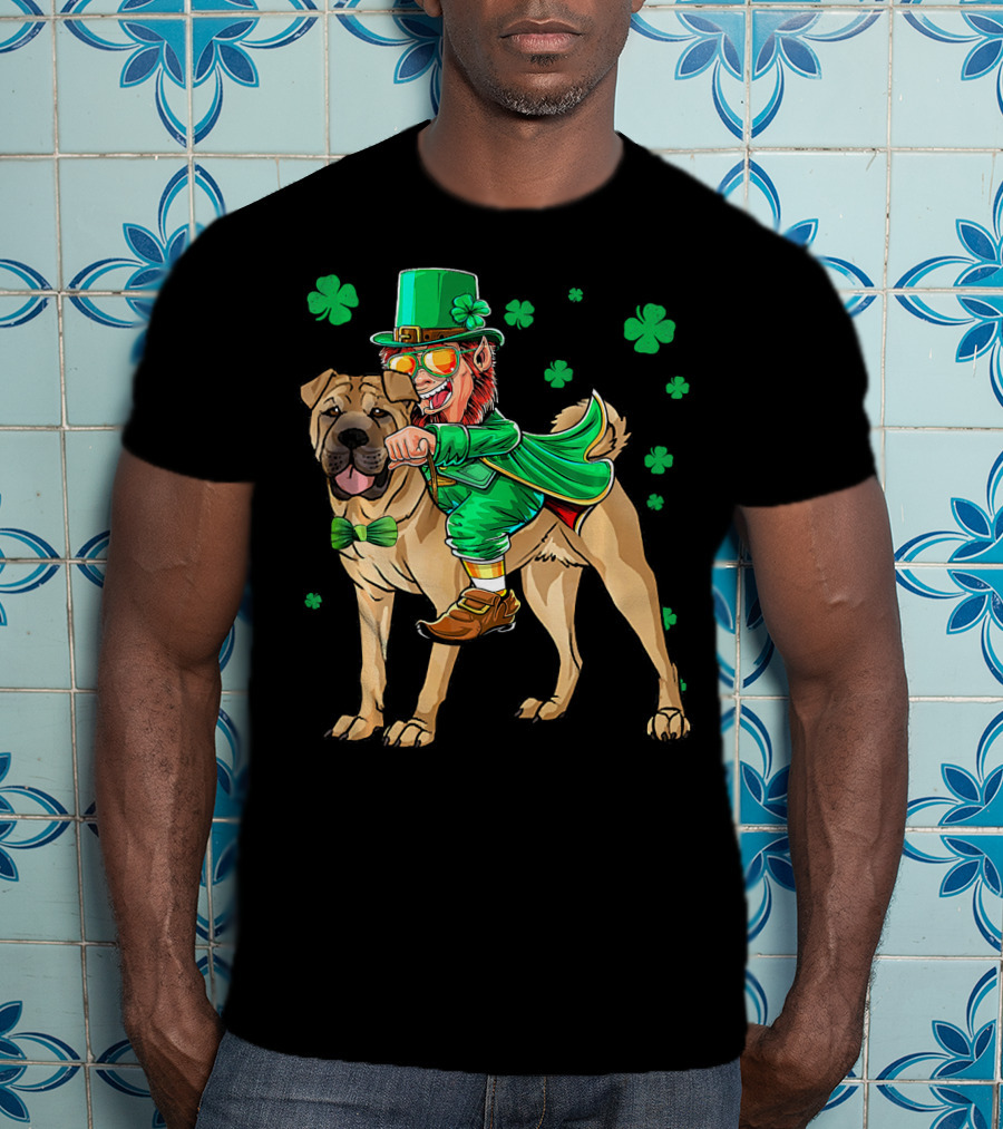 Leprechaun Riding Chinese Shar Pei With Shamrock Bowtie And Hat T-Shirt
