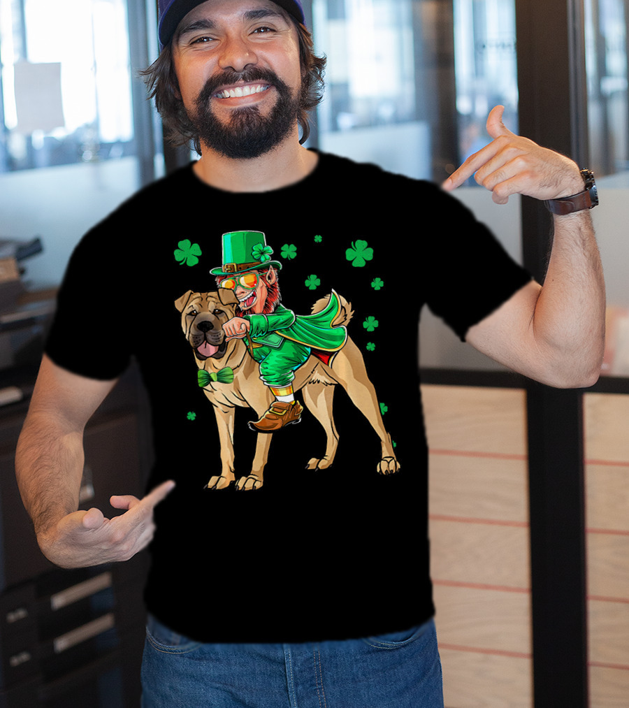Leprechaun Riding Chinese Shar Pei With Shamrock Bowtie And Hat T-Shirt