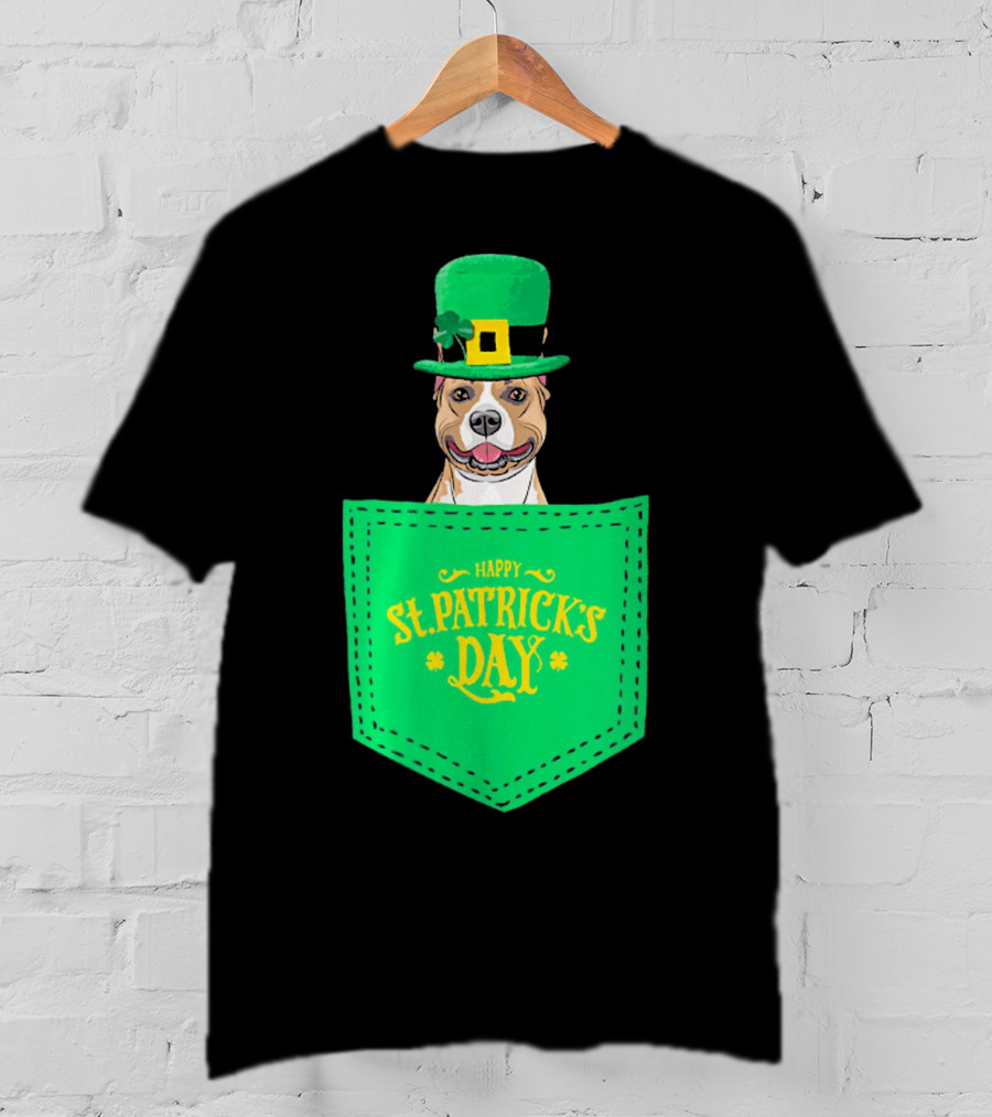 Happy St. Patrick's Day Pitbull Dog In Pocket T-Shirt