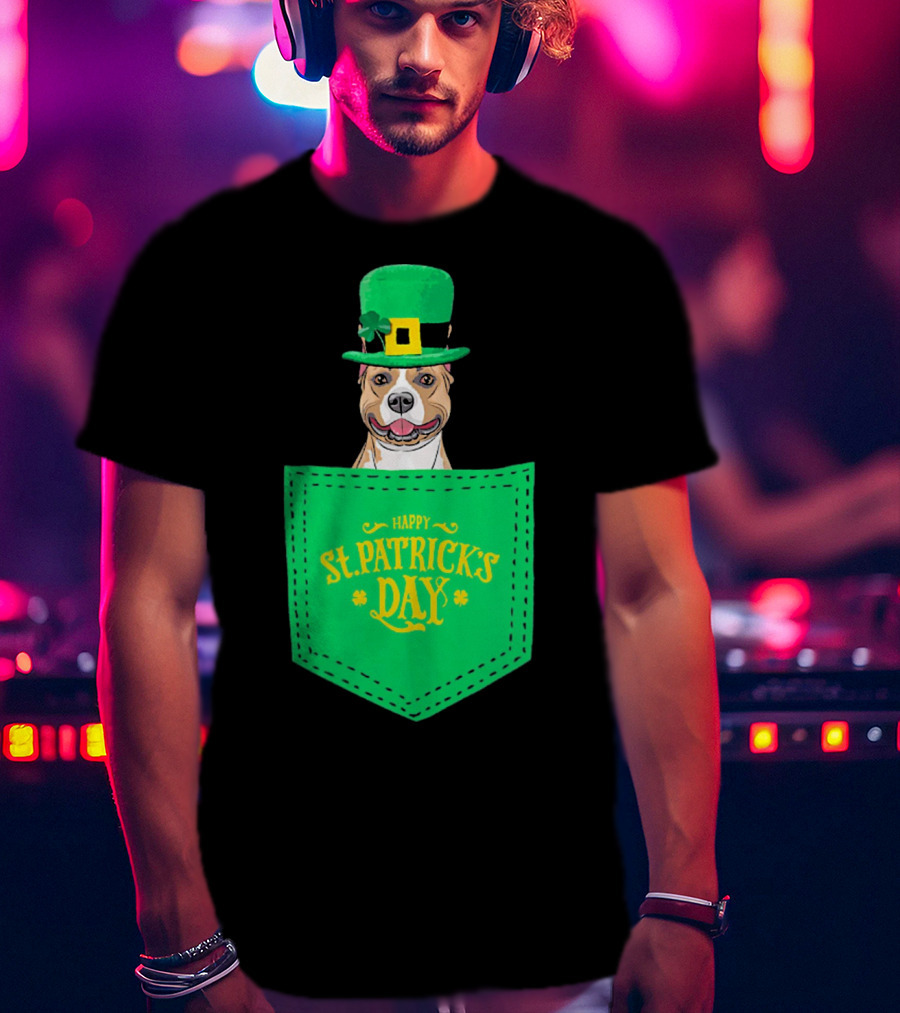 Happy St. Patrick's Day Pitbull Dog In Pocket T-Shirt