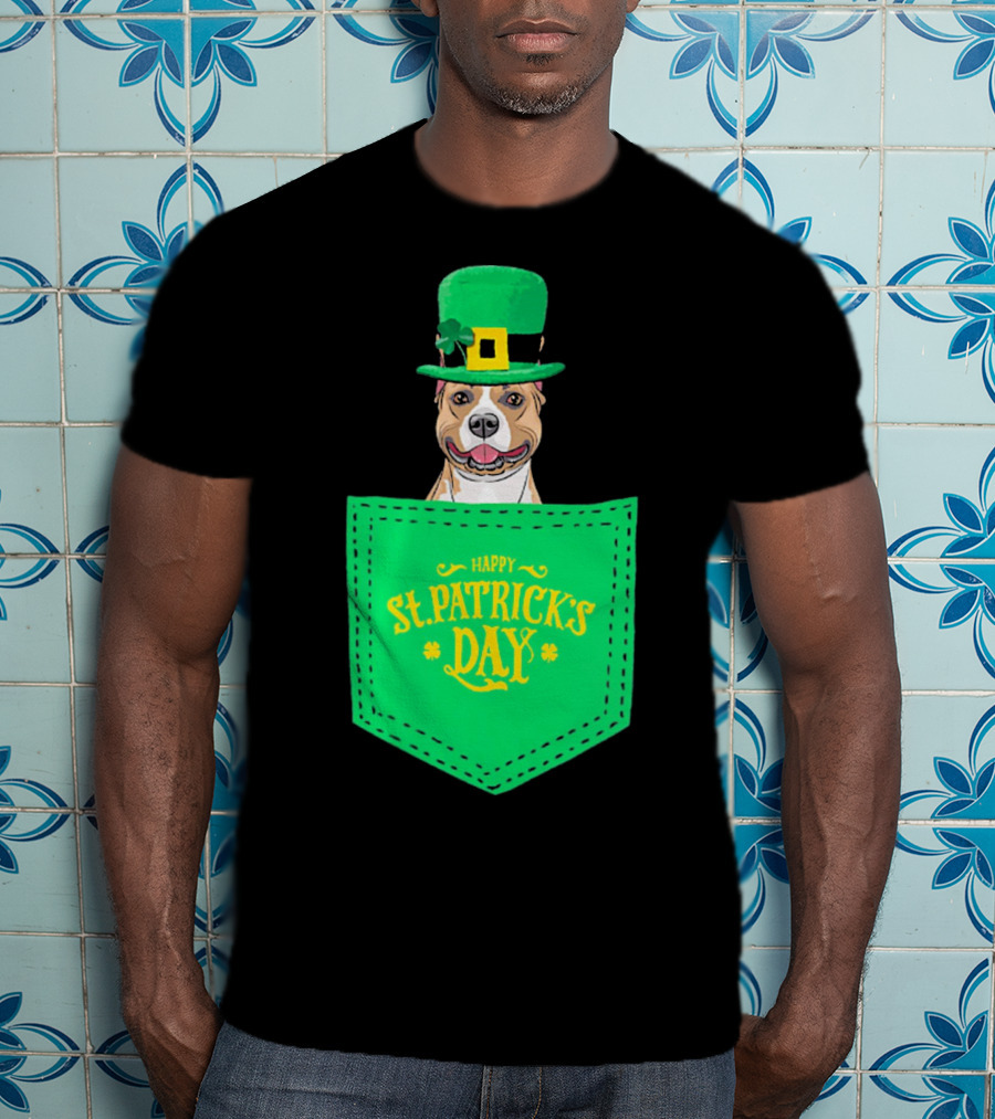 Happy St. Patrick's Day Pitbull Dog In Pocket T-Shirt