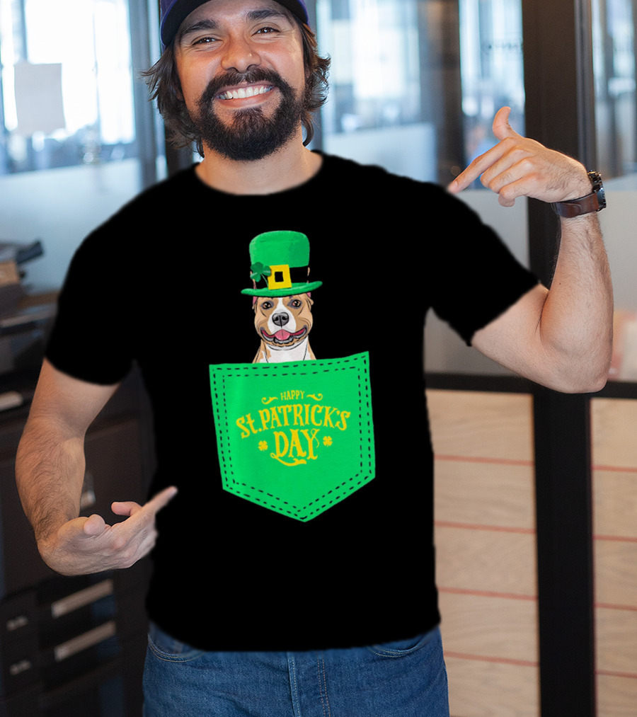 Happy St. Patrick's Day Pitbull Dog In Pocket T-Shirt