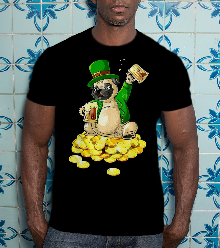 Irish Pug St. Patrick's Day Beer Cheers On Gold Coins T-Shirt