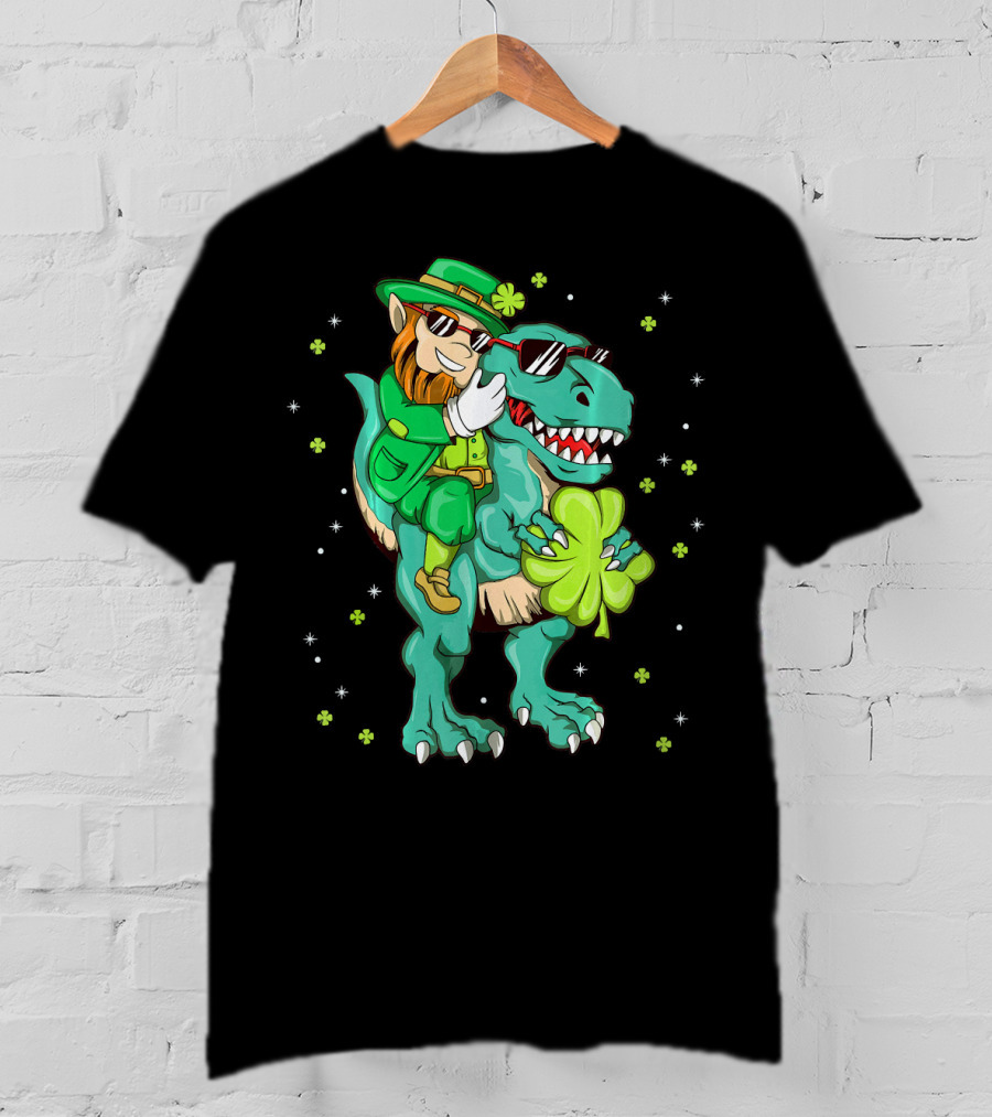 Irish Leprechaun Riding Dinosaur With Clover And Sunglasses T-Shirt