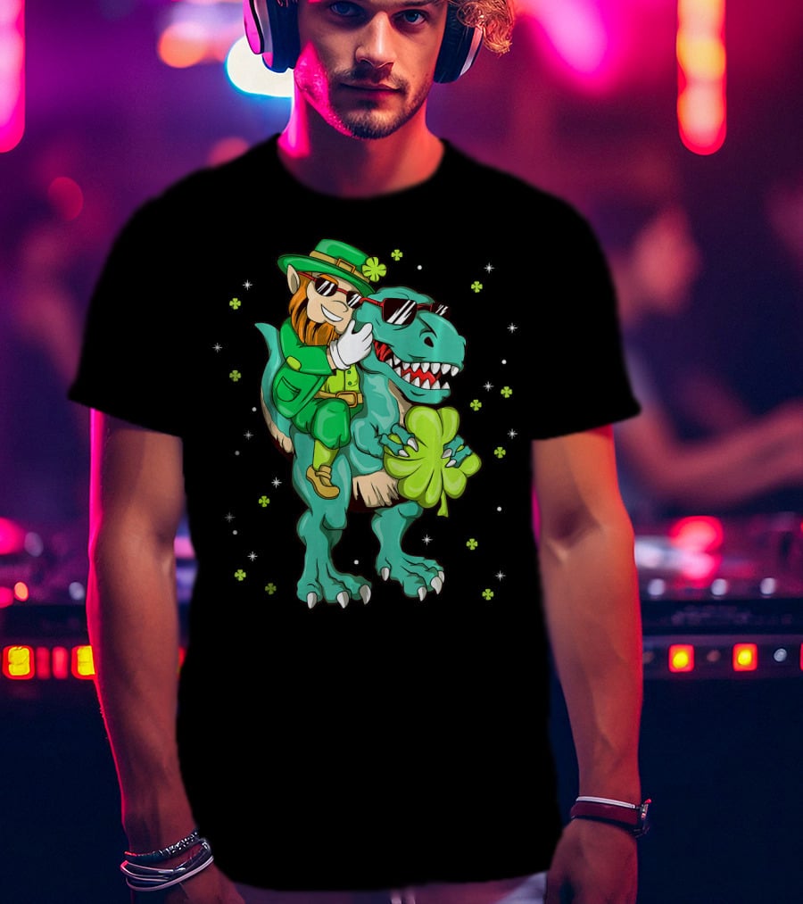 Irish Leprechaun Riding Dinosaur With Clover And Sunglasses T-Shirt