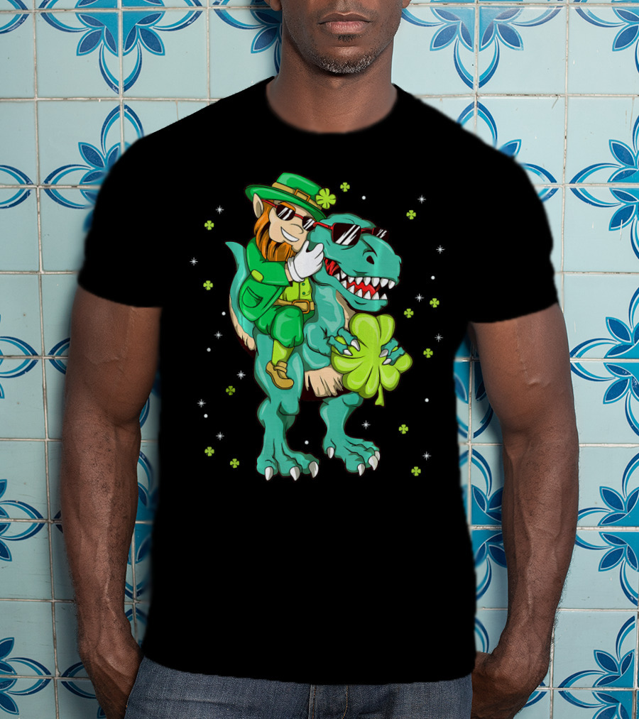 Irish Leprechaun Riding Dinosaur With Clover And Sunglasses T-Shirt