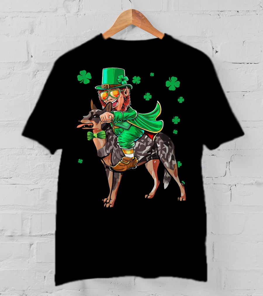 Leprechaun Riding Australian Cattle Dog With Shamrocks T-Shirt