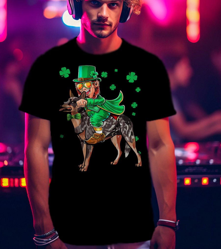 Leprechaun Riding Australian Cattle Dog With Shamrocks T-Shirt