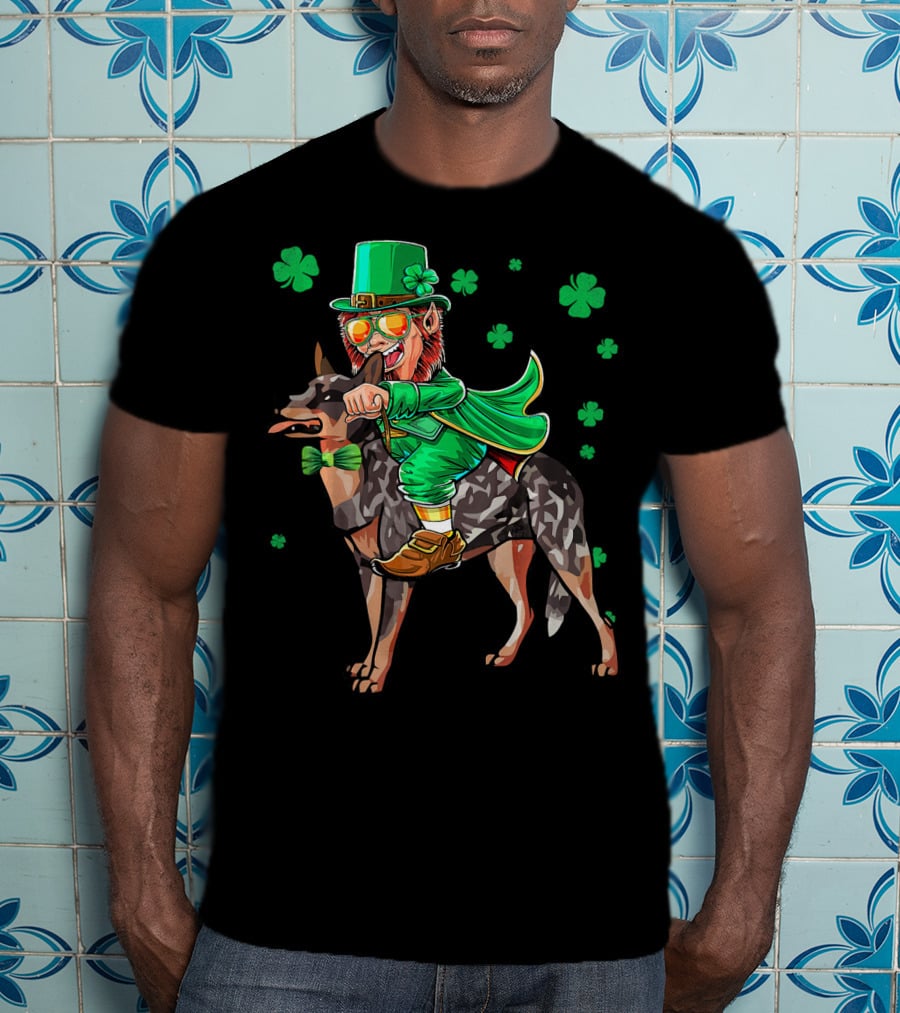 Leprechaun Riding Australian Cattle Dog With Shamrocks T-Shirt