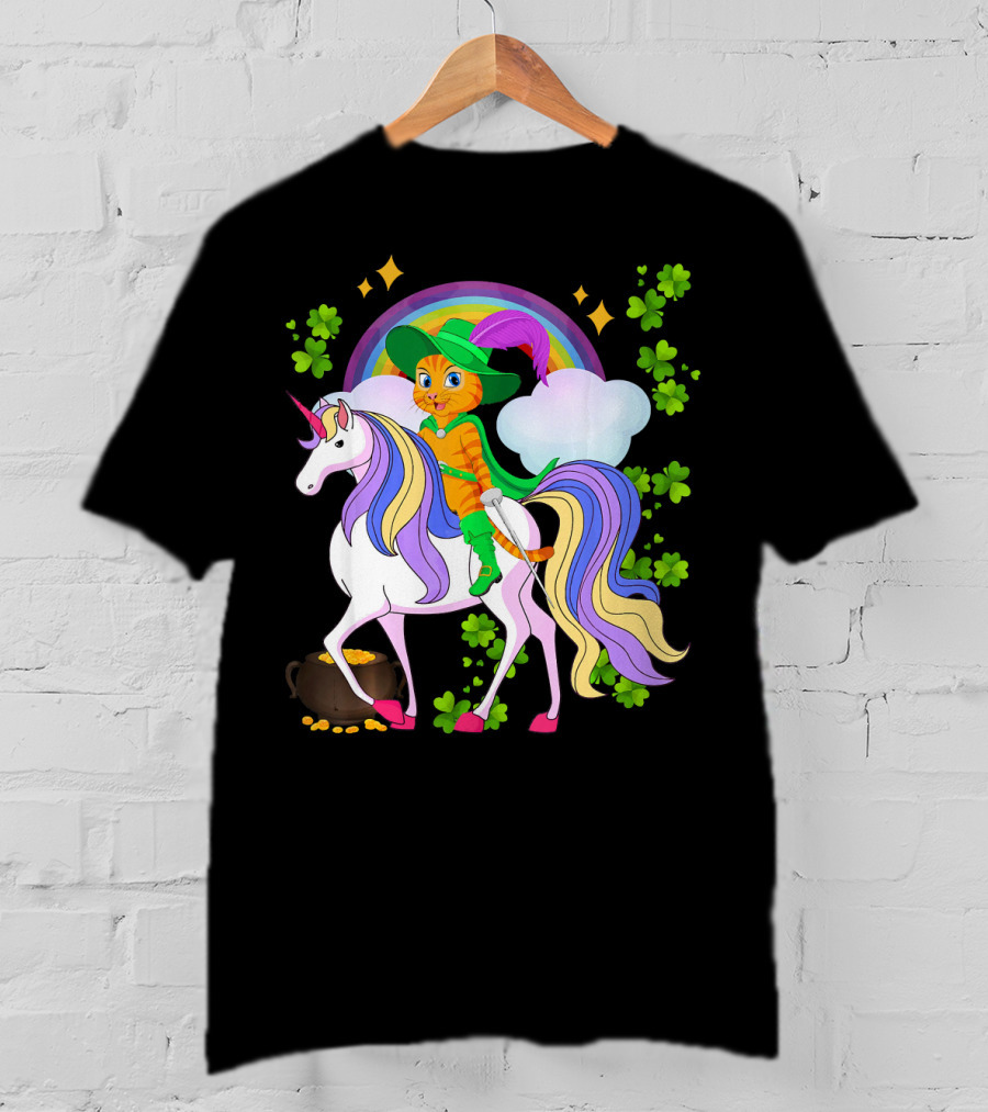 Leprechaun Cat Riding Unicorn With Rainbow And Shamrocks St Patrick Pot Of Gold T-Shirt