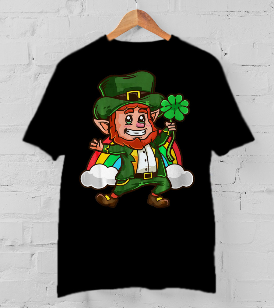 St Patricks Happy Leprechaun Holding Shamrock With Rainbow And Clouds T-Shirt