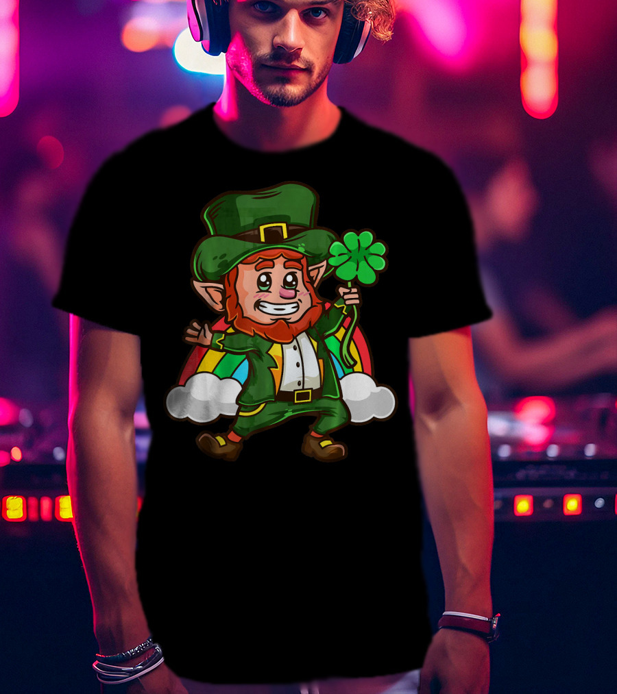 St Patricks Happy Leprechaun Holding Shamrock With Rainbow And Clouds T-Shirt