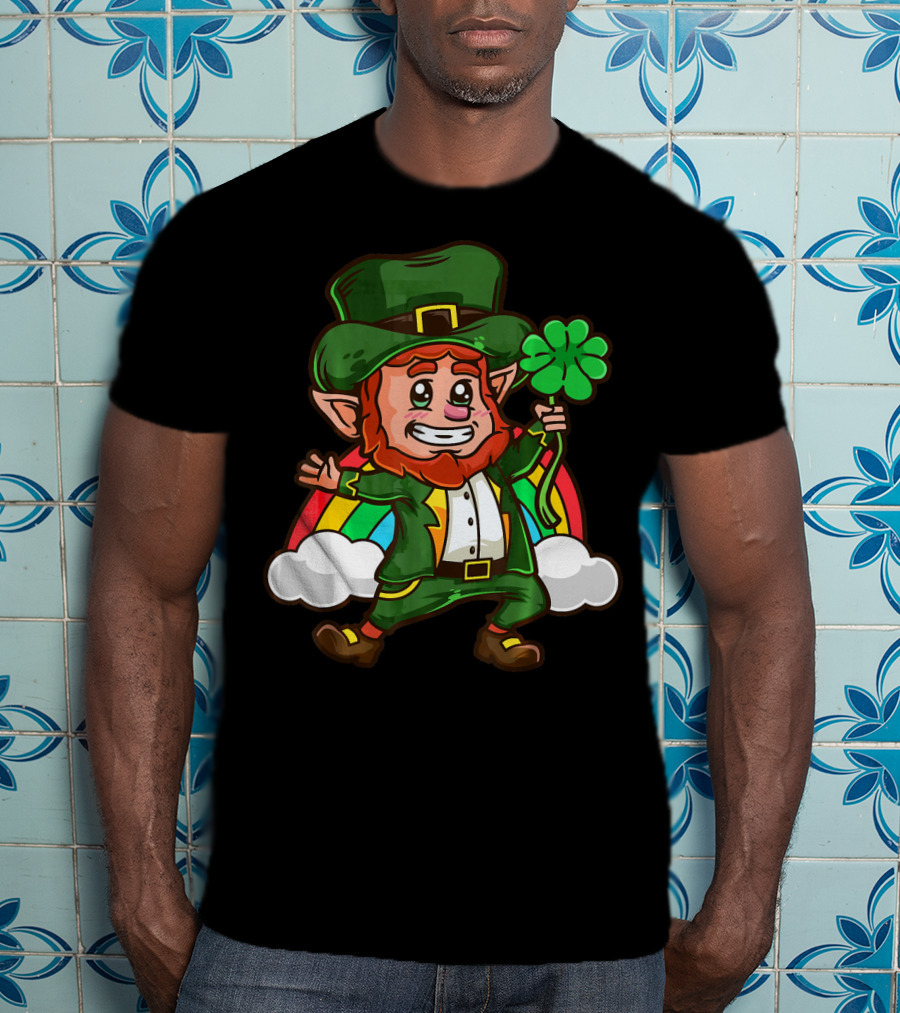 St Patricks Happy Leprechaun Holding Shamrock With Rainbow And Clouds T-Shirt