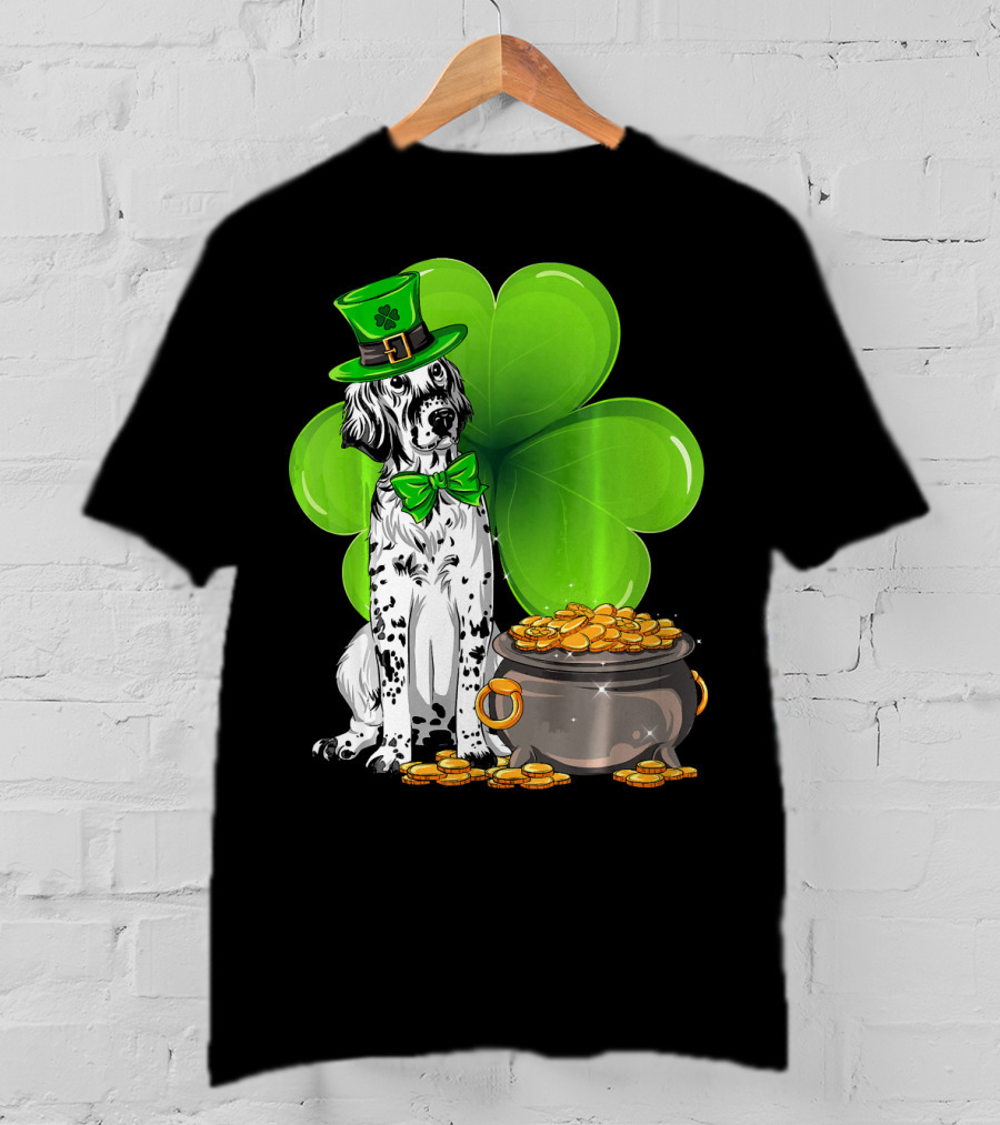 English Setter St Patricks Day Leprechaun Dog With Clover And Pot Of Gold T-Shirt