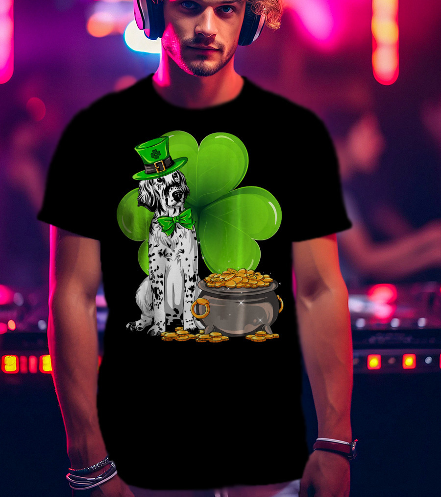 English Setter St Patricks Day Leprechaun Dog With Clover And Pot Of Gold T-Shirt