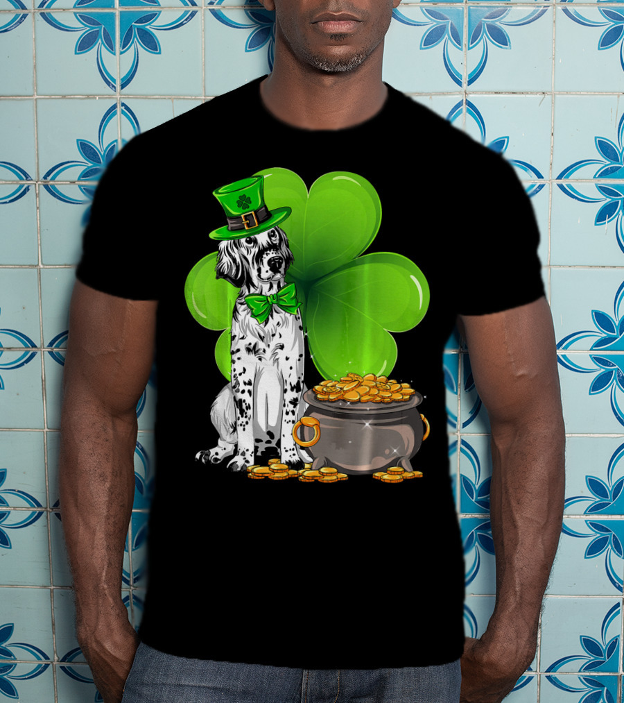 English Setter St Patricks Day Leprechaun Dog With Clover And Pot Of Gold T-Shirt
