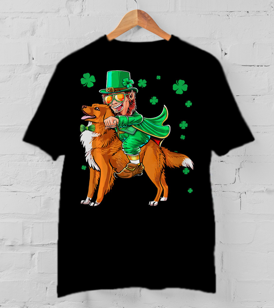 Leprechaun Riding Nova Scotia Duck Tolling Retriever With Shamrocks T-Shirt