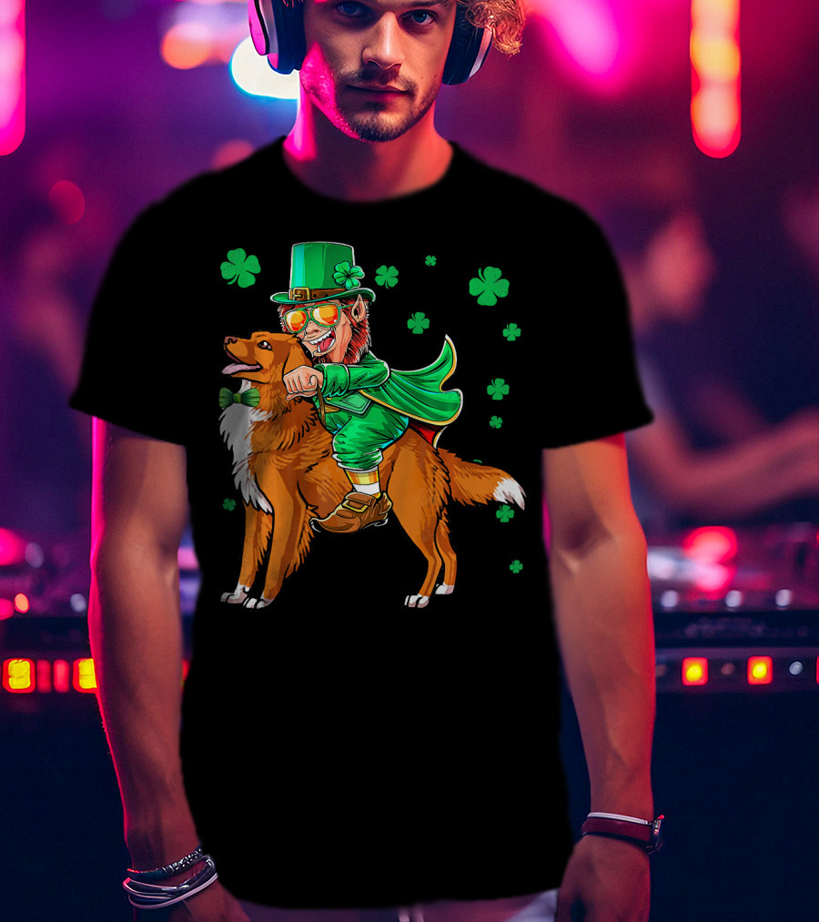 Leprechaun Riding Nova Scotia Duck Tolling Retriever With Shamrocks T-Shirt