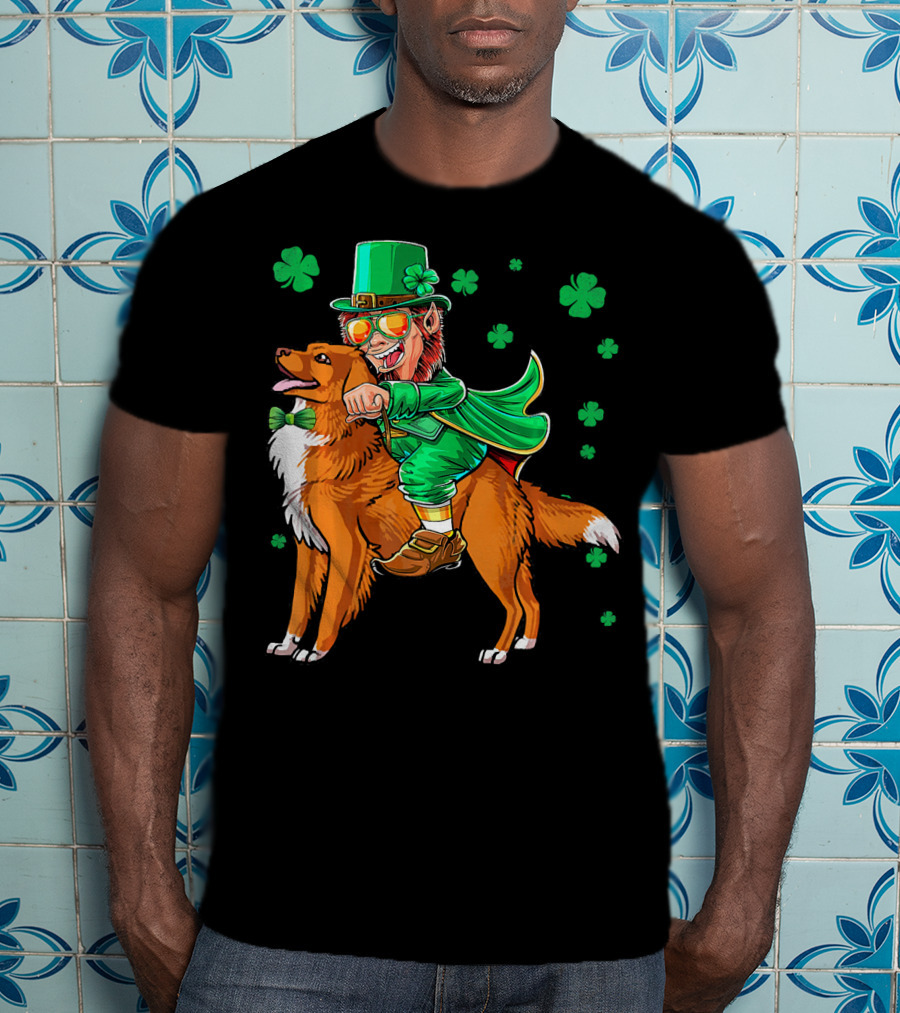 Leprechaun Riding Nova Scotia Duck Tolling Retriever With Shamrocks T-Shirt