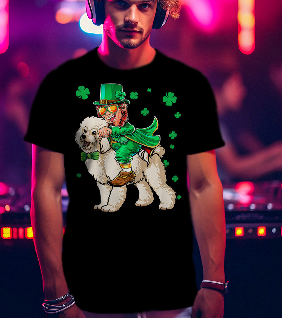 Leprechaun Riding Bichon Frise With Shamrock St. Pat's Day Charm T-Shirt