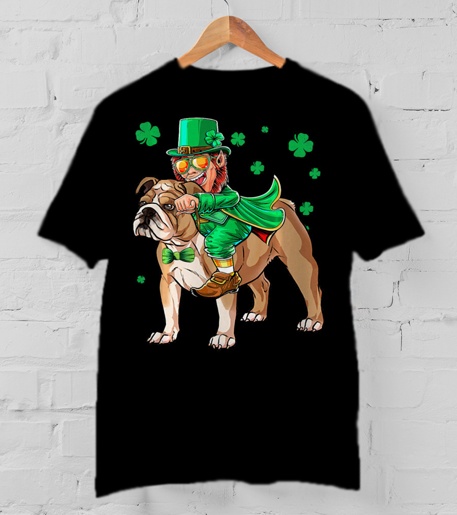 Leprechaun Riding English Bulldog With Shamrocks T-Shirt