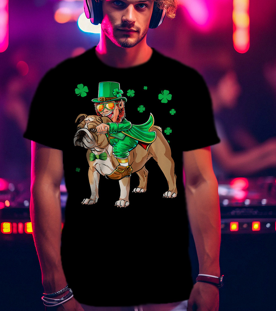 Leprechaun Riding English Bulldog With Shamrocks T-Shirt