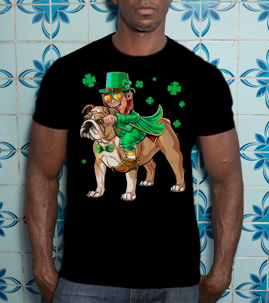 Leprechaun Riding English Bulldog With Shamrocks T-Shirt