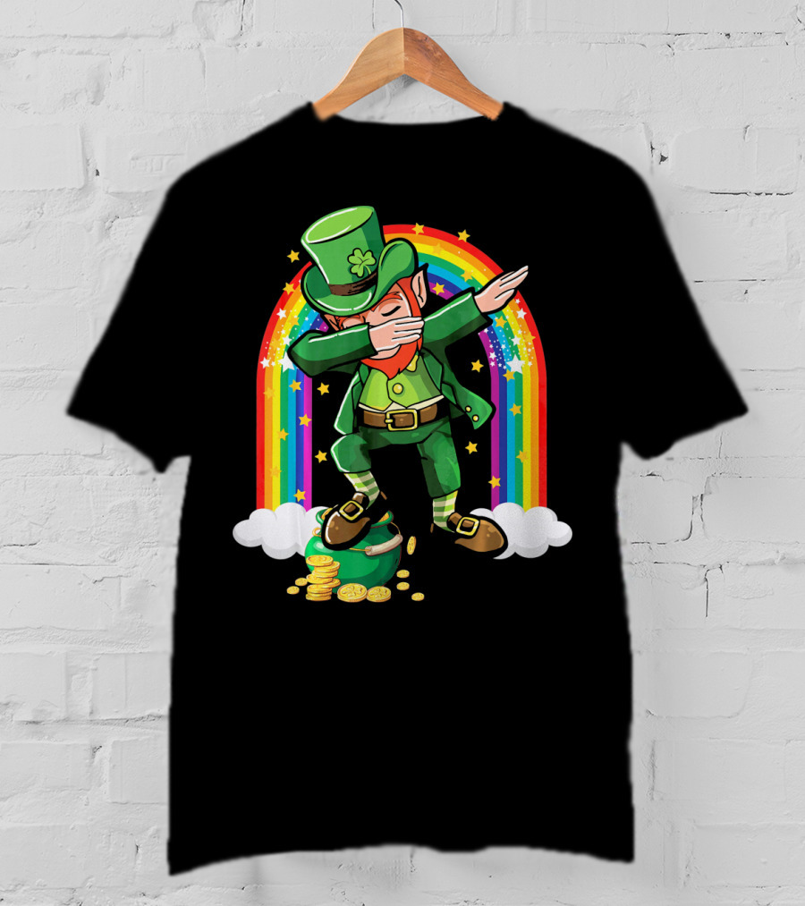 St Patricks Day Leprechaun Dabbing With Rainbow And Gold Coins T-Shirt
