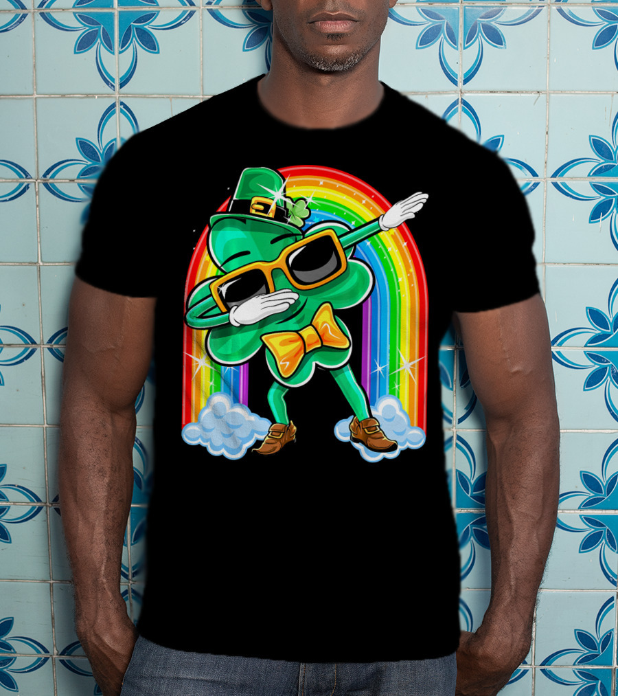 Dabbing St. Patricks Day Shamrock Leprechaun With Rainbow T-Shirt