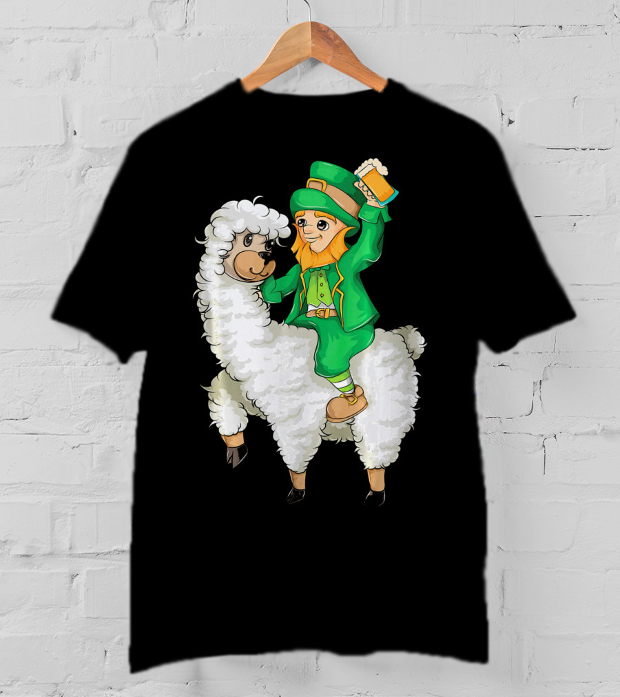 Leprechaun In Green Suit Riding White Fluffy Llama With Beer On St. Patrick's Day T-Shirt