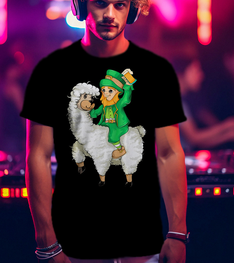 Leprechaun In Green Suit Riding White Fluffy Llama With Beer On St. Patrick's Day T-Shirt