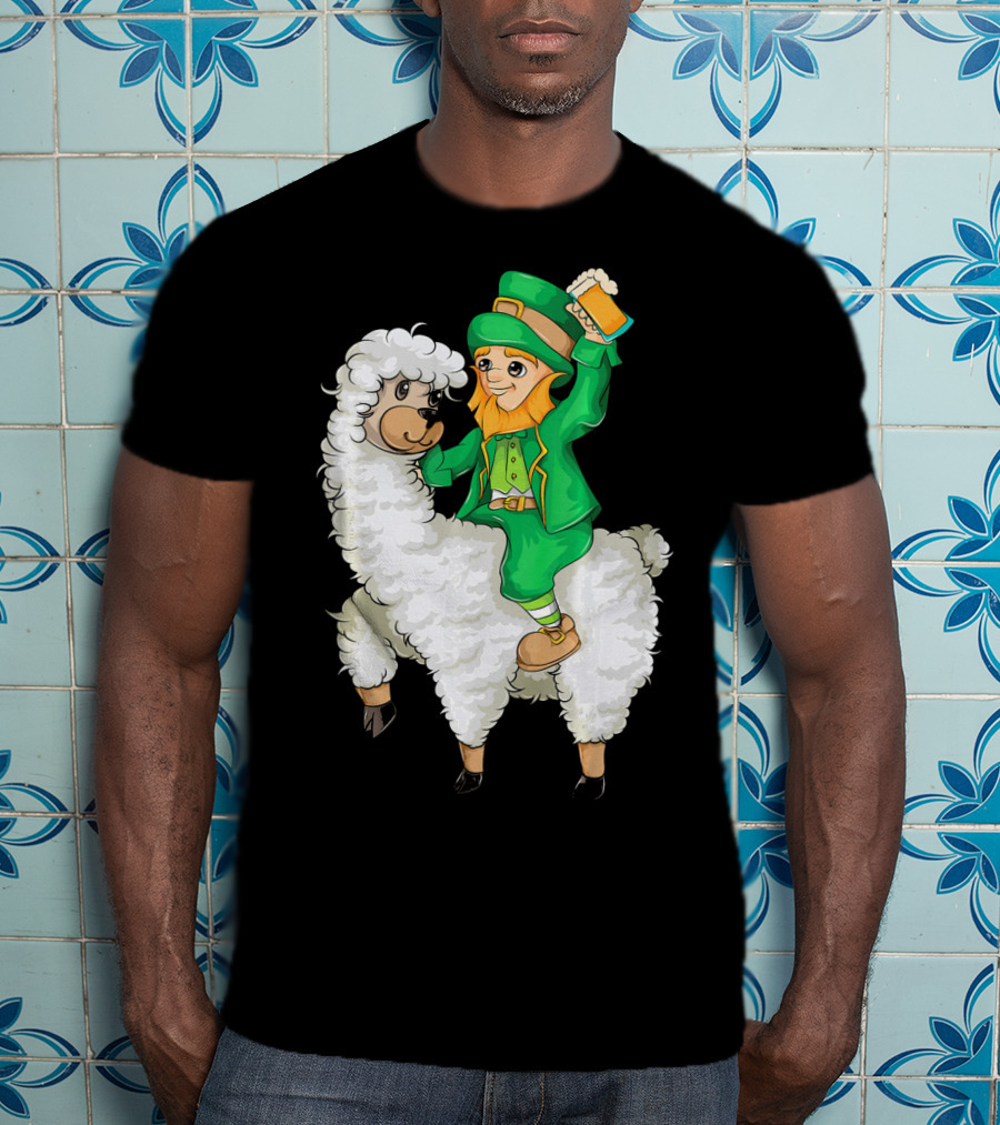 Leprechaun In Green Suit Riding White Fluffy Llama With Beer On St. Patrick's Day T-Shirt