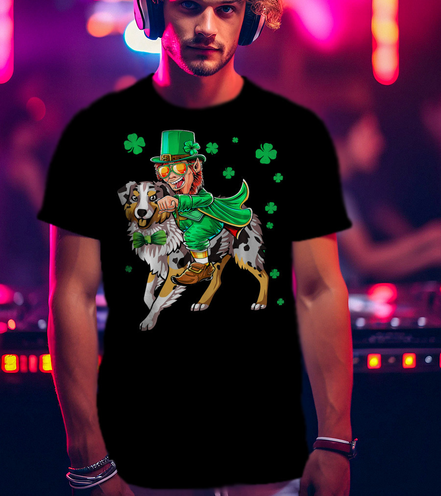 Leprechaun Riding Australian Shepherd With Shamrock Bow Tie And Clover Background T-Shirt