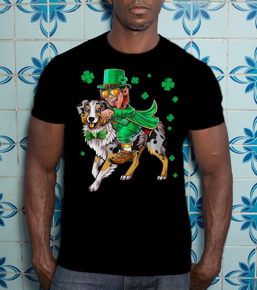 Leprechaun Riding Australian Shepherd With Shamrock Bow Tie And Clover Background T-Shirt