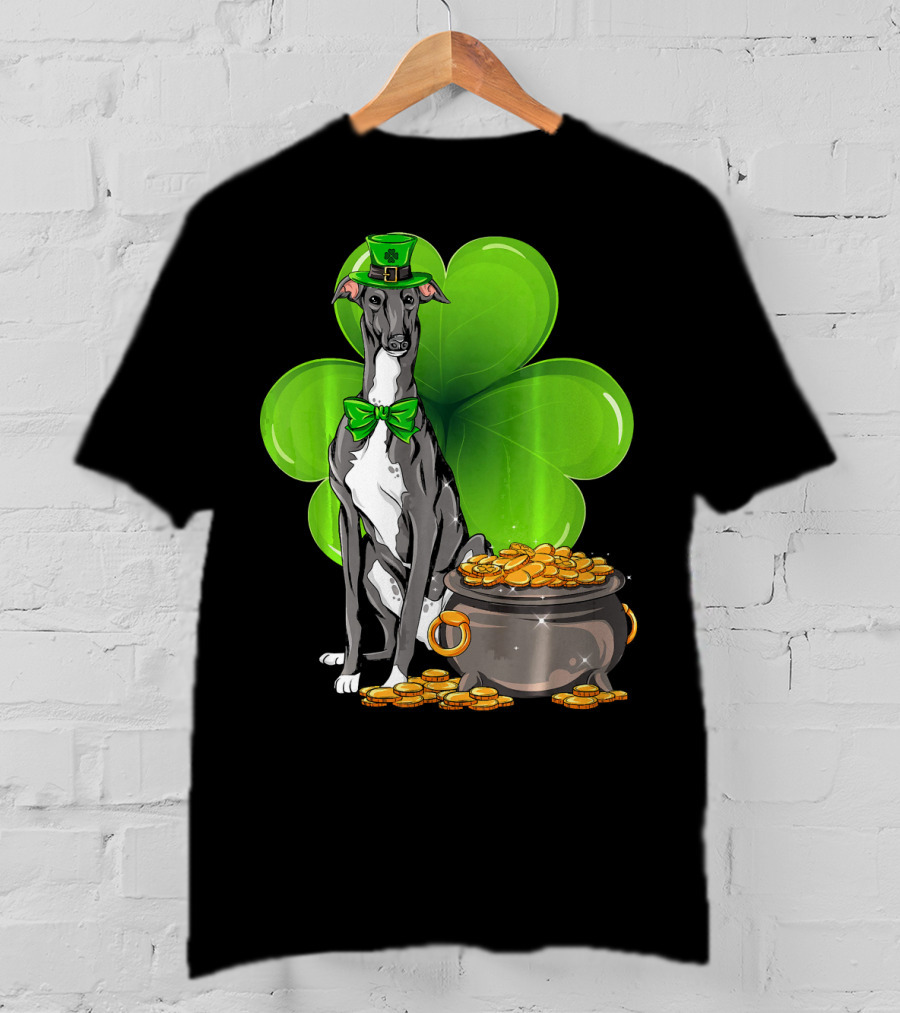 Greyhound St Patricks Day Leprechaun Dog With Shamrock And Pot Of Gold T-Shirt