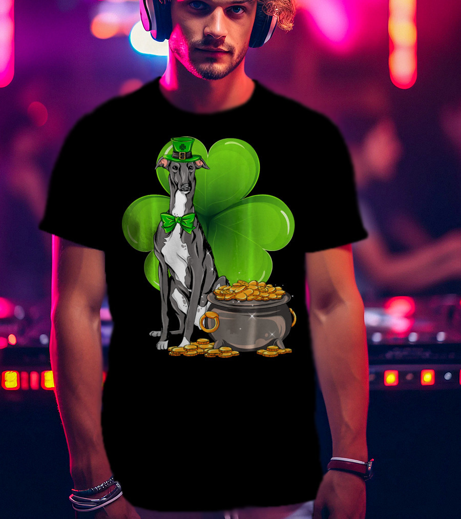 Greyhound St Patricks Day Leprechaun Dog With Shamrock And Pot Of Gold T-Shirt