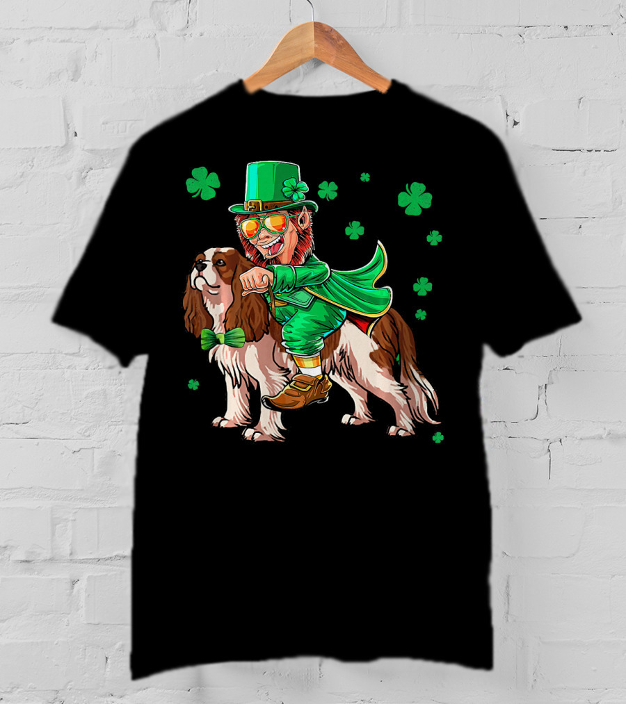 Leprechaun Riding Cavalier King Charles Spaniel With Shamrocks T-Shirt
