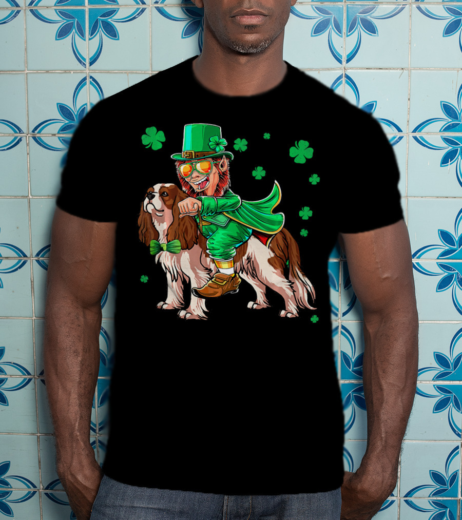 Leprechaun Riding Cavalier King Charles Spaniel With Shamrocks T-Shirt