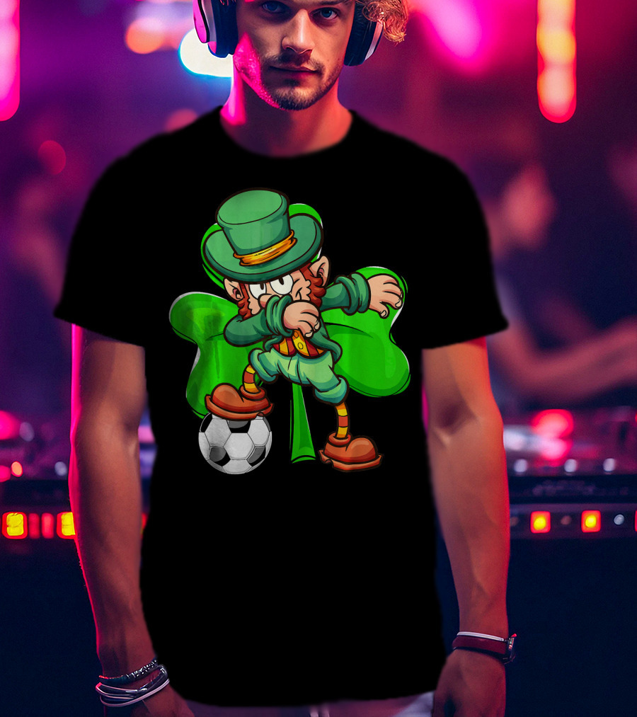 Dabbing Leprechaun Kicking Soccer Ball With Shamrock Background T-Shirt