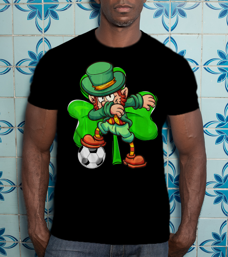 Dabbing Leprechaun Kicking Soccer Ball With Shamrock Background T-Shirt