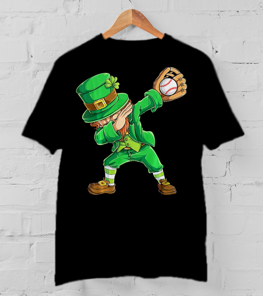 Dabbing Leprechaun Baseball Glove Pitcher Fantasy T-Shirt