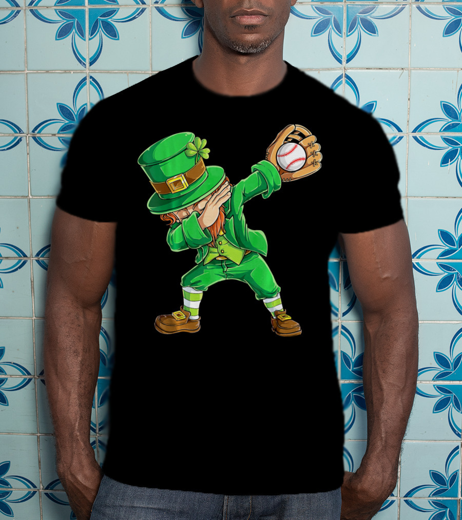 Dabbing Leprechaun Baseball Glove Pitcher Fantasy T-Shirt