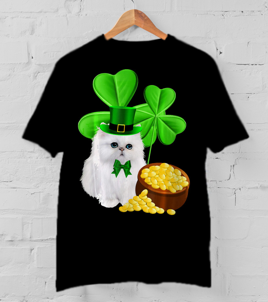 Persian Cat With Leprechaun Hat And Shamrocks St Patricks Day T-Shirt