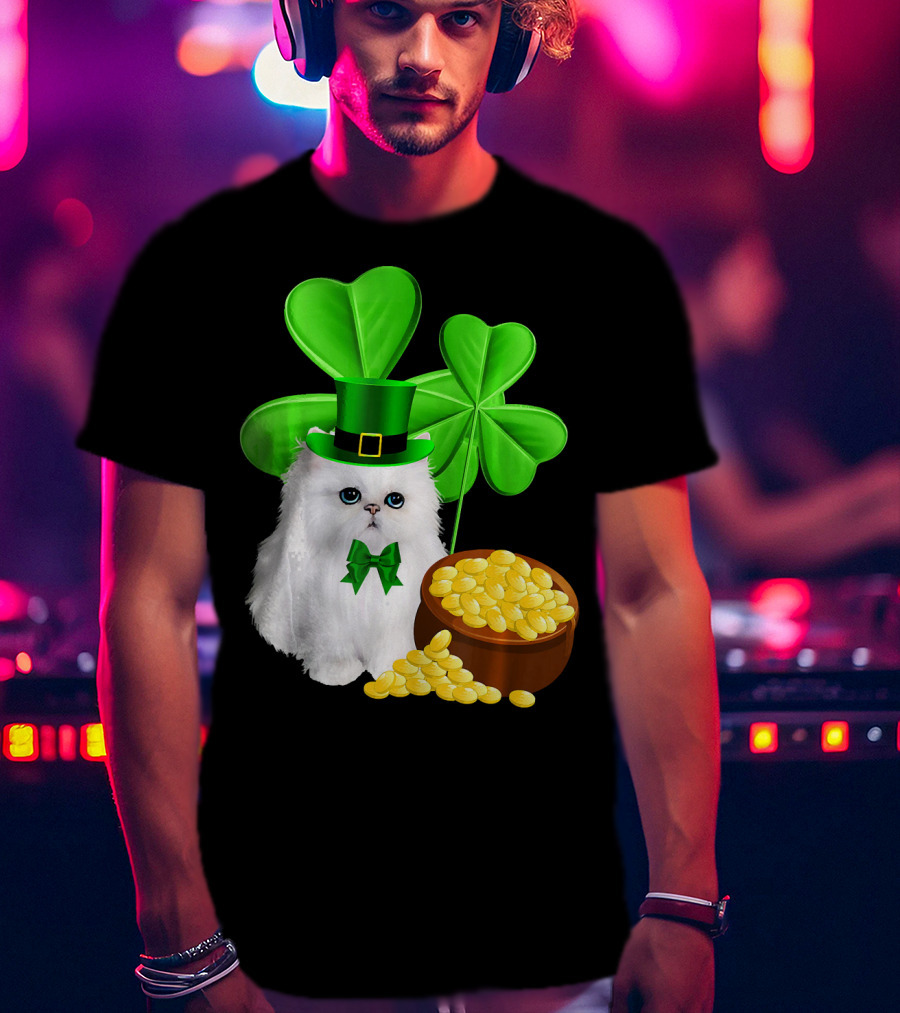 Persian Cat With Leprechaun Hat And Shamrocks St Patricks Day T-Shirt