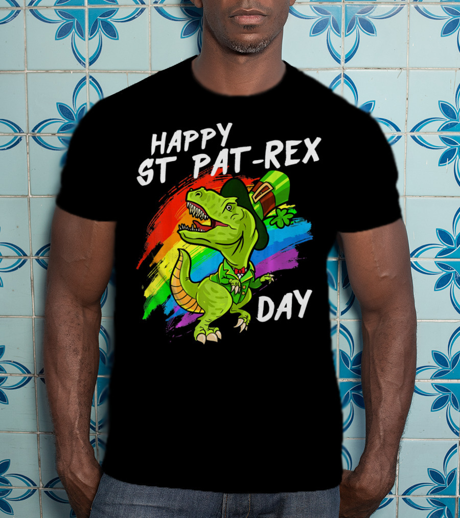 Happy St Pat Rex Day Cute St Patrick Dinosaur Rainbow T-Shirt