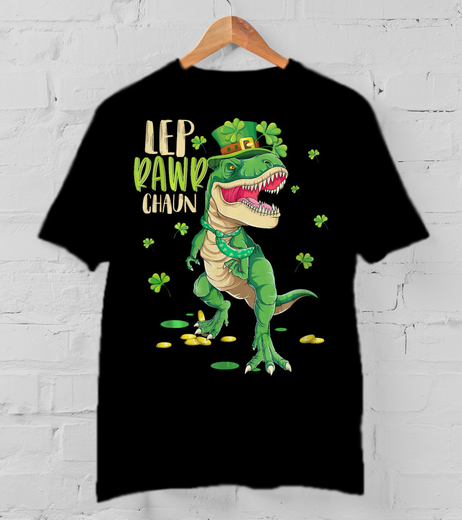 Leprawrchaun St. Patrick's Day Dinosaur With Shamrocks And Gold Coins T-Shirt