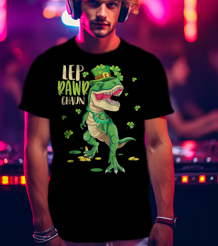 Leprawrchaun St. Patrick's Day Dinosaur With Shamrocks And Gold Coins T-Shirt