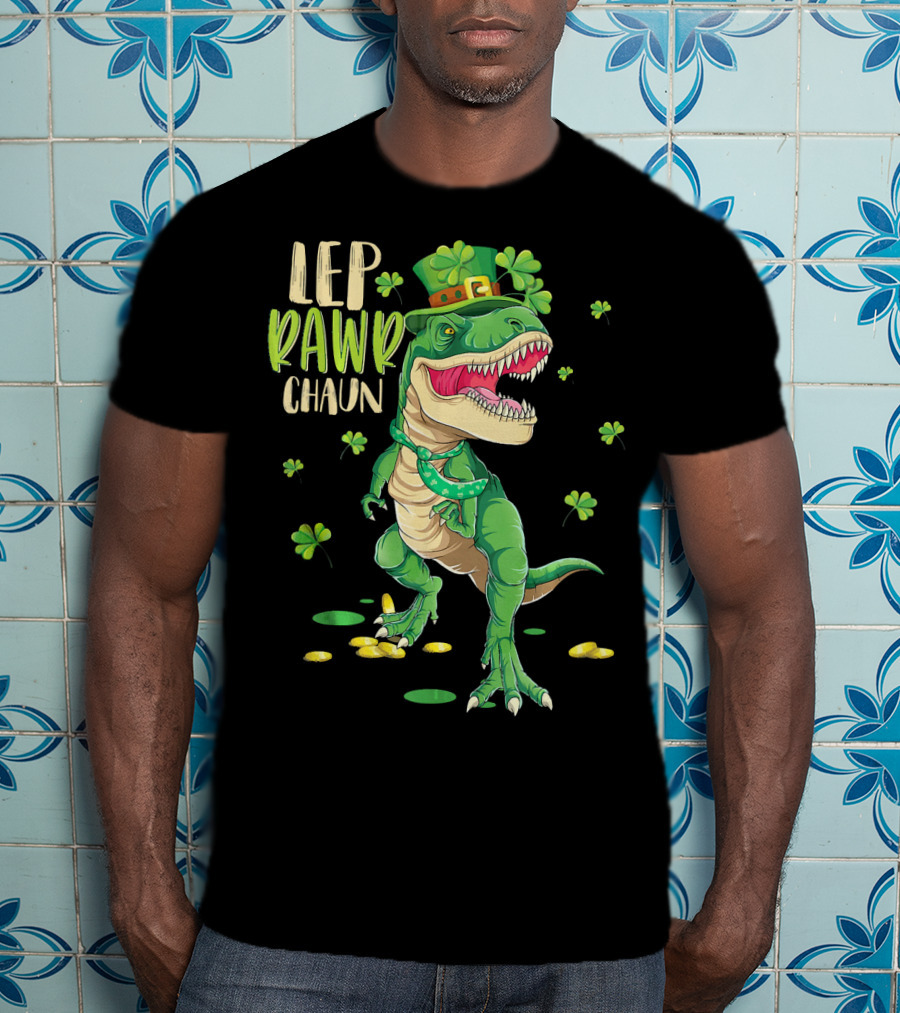Leprawrchaun St. Patrick's Day Dinosaur With Shamrocks And Gold Coins T-Shirt